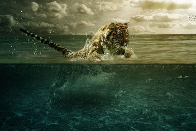Preview wallpaper tiger, jump, sea, underwater, hunting 1920x1080