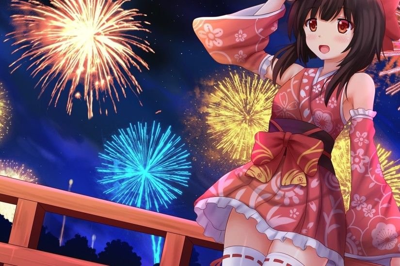 Megumin, Konosuba, Festival, Yukata, Brown Hair, Fireworks
