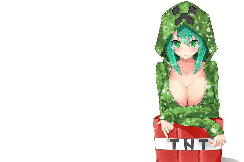 Minecraft Creepers Anime Girls Creeper Cleavage White Background
