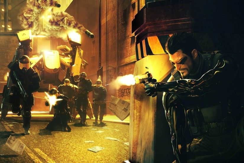 Amazing Deus Ex Adam Jensen Police Shooting Robot Wallpaper Wallpaper