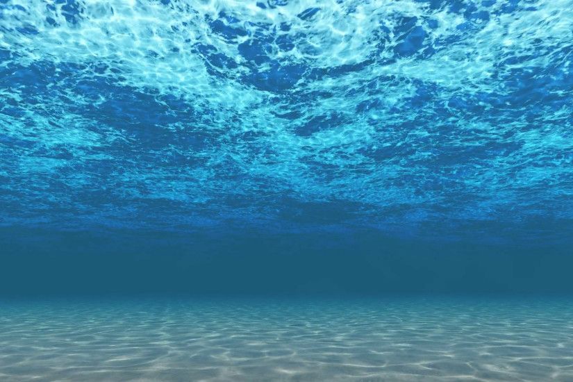 Digitally generated simple underwater background. Blue wavy water surface  with foam and sand bottom. Realistic 3D animation.