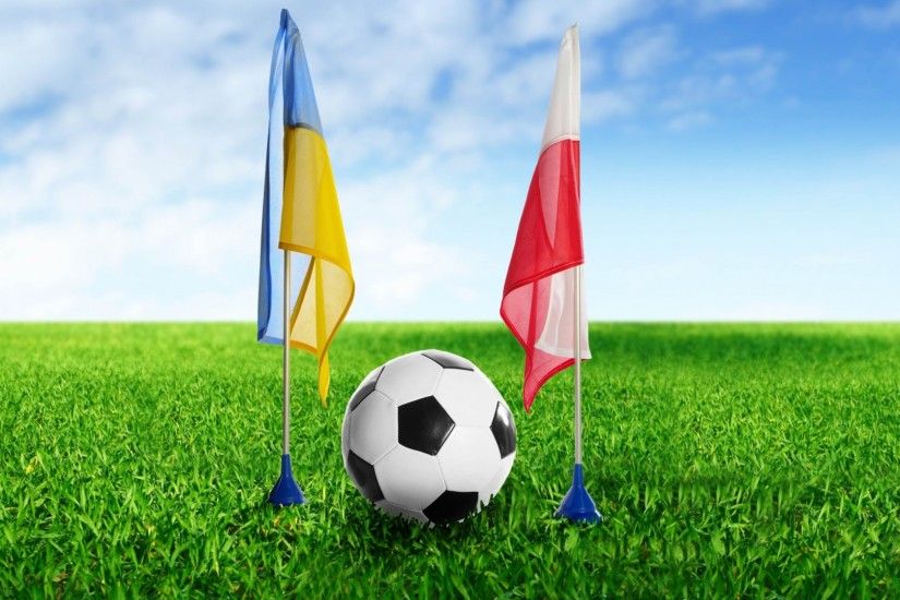 Preview wallpaper football, ukraine, poland, ball, grass, flags 1920x1080