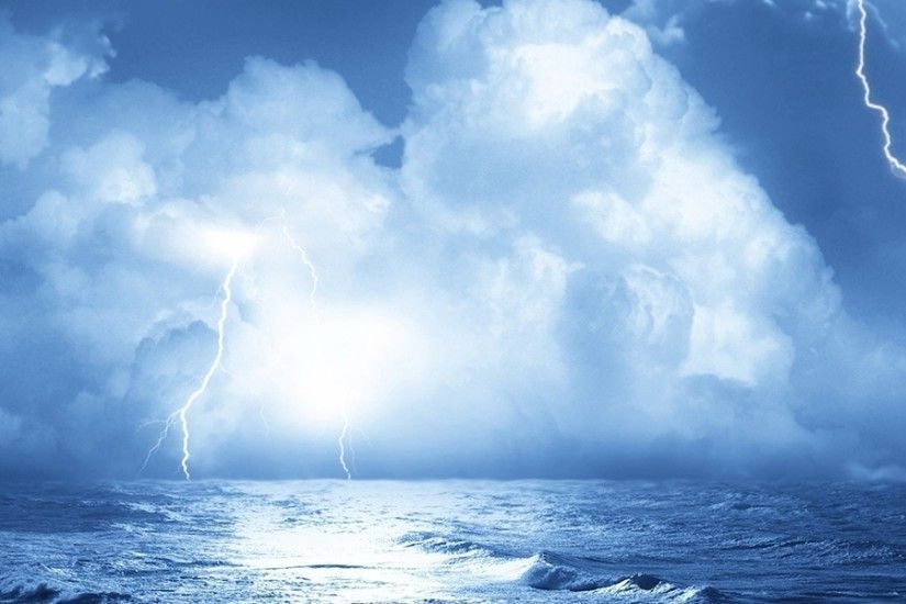 3840x1200 Wallpaper lightning, sea, storm, clouds, waves, elements, category