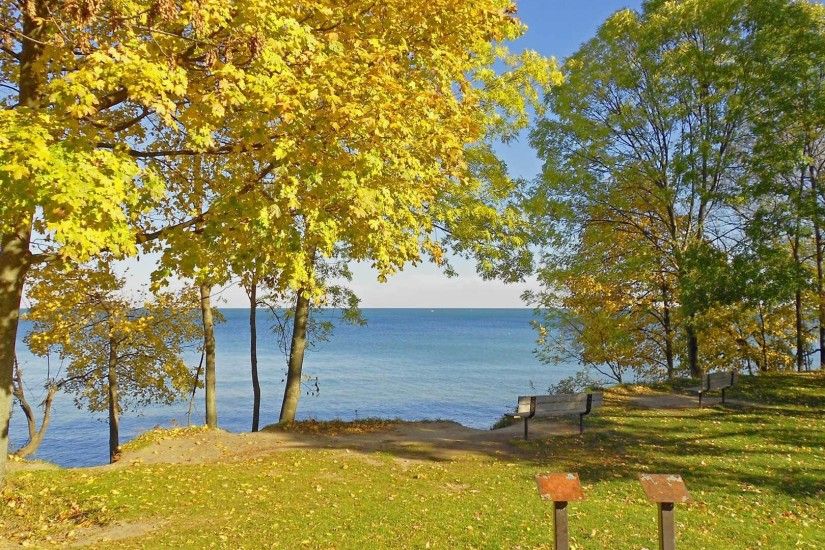 3840x2160 Wallpaper fall, canadian shore, meadow, benches, landscape