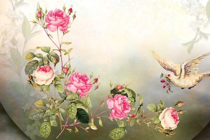 Bird Vintage Flowers Summer Spring Look Roses Time Flower Wallpaper Tablet  - 1920x1080