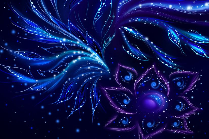 Blue swirls on the purple flower wallpaper