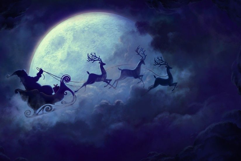 New year, christmas, santa claus, reindeer, sleigh, night, moon,