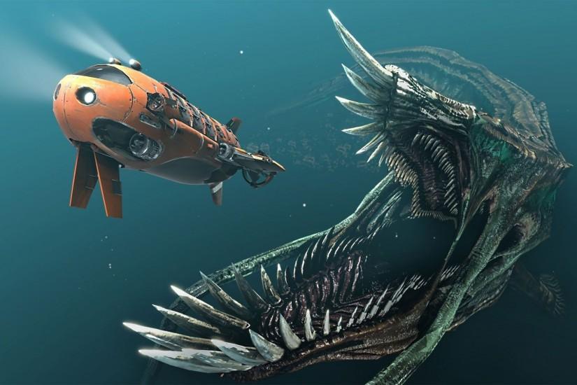 Sea monster chasing submarine wallpaper