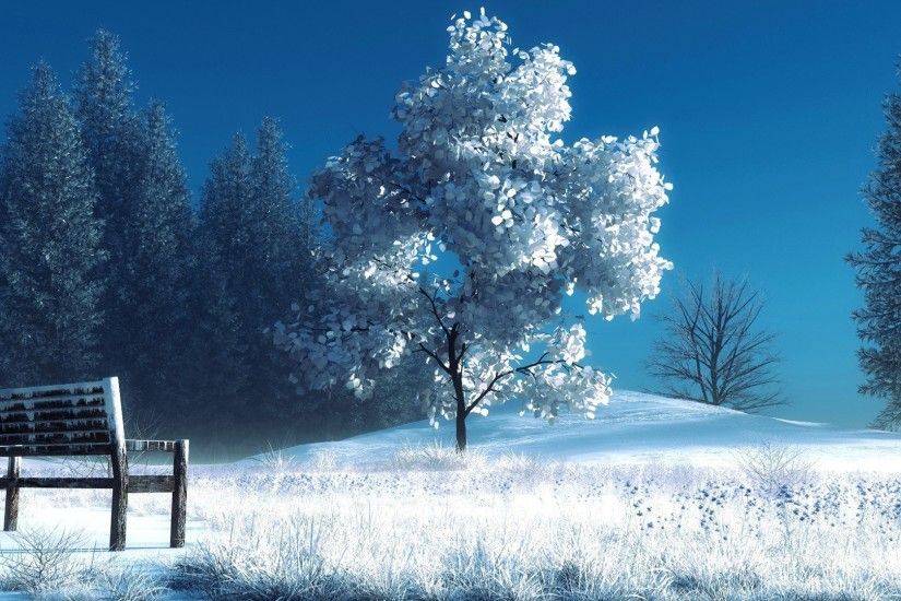 Preview wallpaper winter, landscape, nature, snow, bench, trees 3840x2160