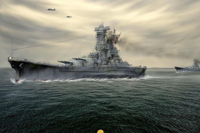 Picture Japanese battleship Yamato Ships Painting Art Army 2560x1440