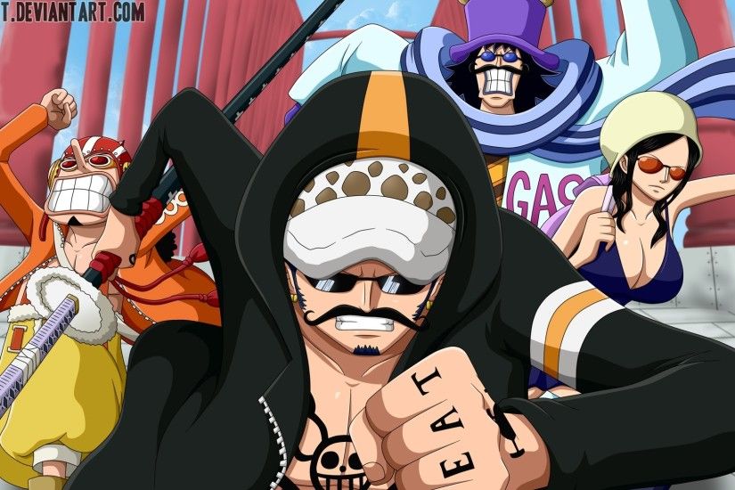 Going to Green Bit meet Doflamingo. Law Robin Ussop and Caesar Running  because of Fighting Fish One Piece Wallpaper.