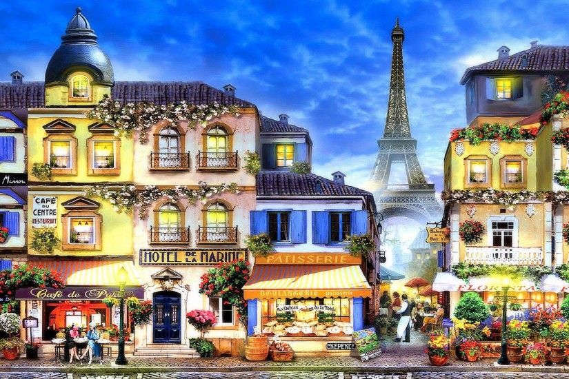 Artistic - Painting Artistic Paris Eiffel Tower Street House Colors  Colorful Wallpaper