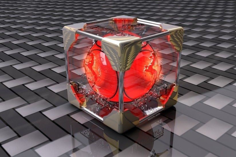 Red orb inside the transparent cube wallpaper