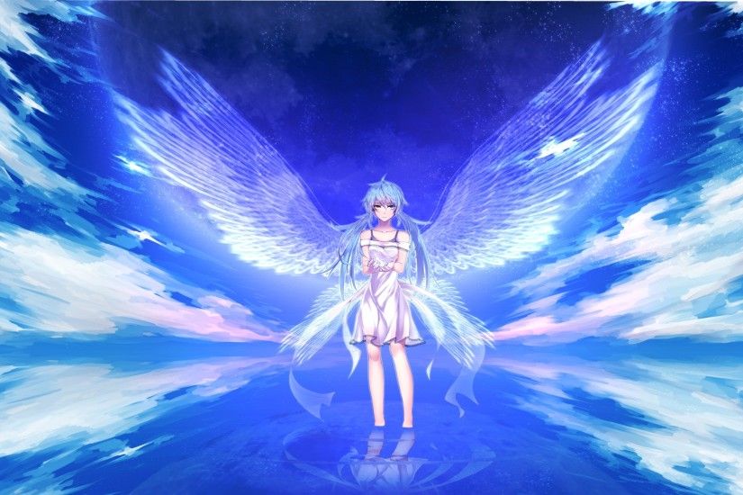 angel aqua hair bicolored eyes blue blue hair clouds dress hatsune miku sky  takka twintails vocaloid