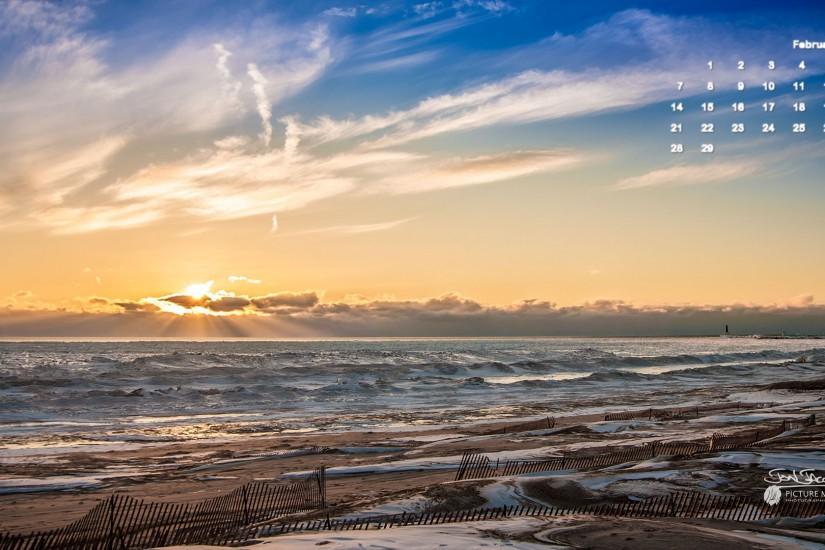February 2016 Calendar Desktop Wallpaper – Lake Michigan Sunset .