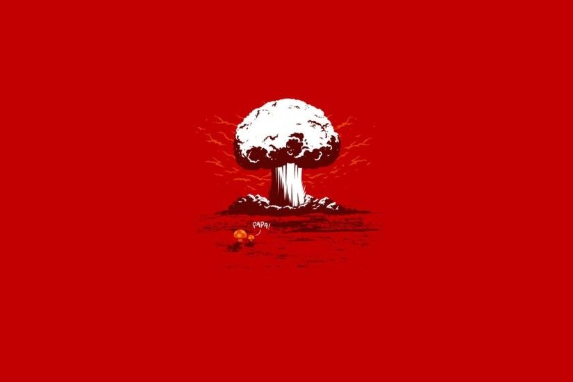 Funny Minimalistic Nuclear Explosions Red Background Shrooms Typography