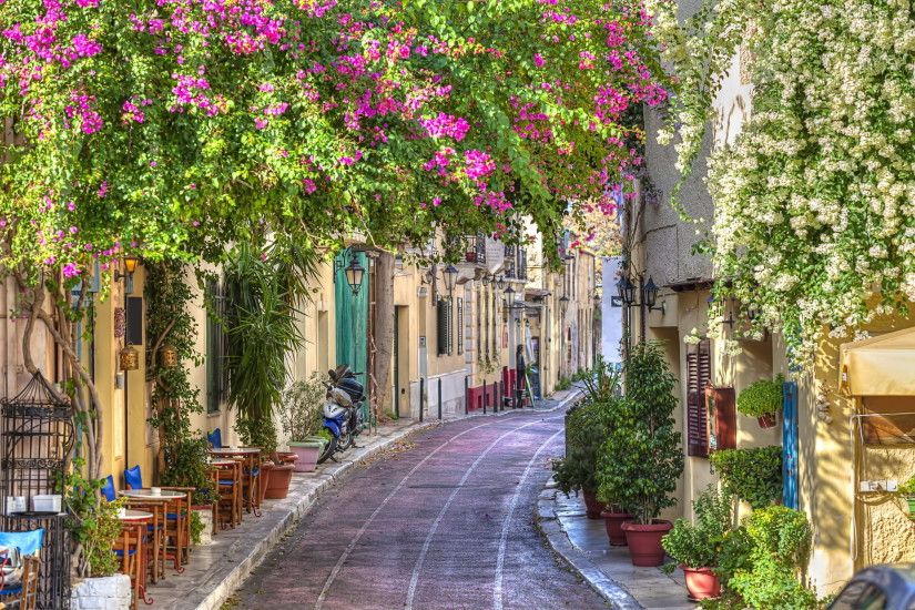 Greece, street, flowers, road, cafe