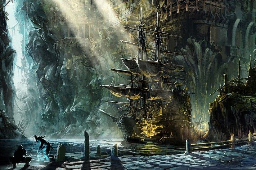 pirate ship paintings | fantasy ship pirate magic cities harbor bay  sunlight beam ray art .