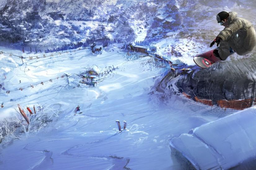Preview wallpaper snowboard, jump, extreme, descent, village 3840x2160