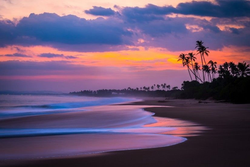 Beach, Sunset, Waves, Clouds, Sky, Palms, Ocean