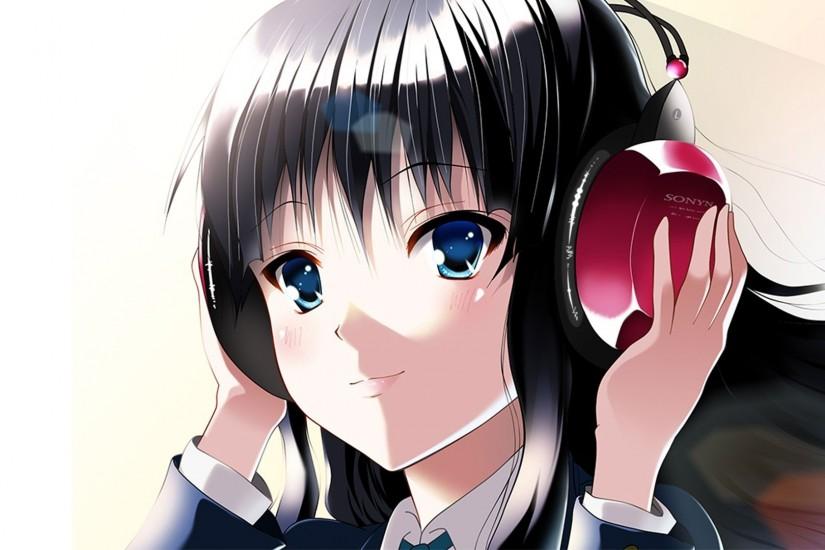 1920x1080 Wallpaper anime, girl, brunette, headphones, hand, smile, music