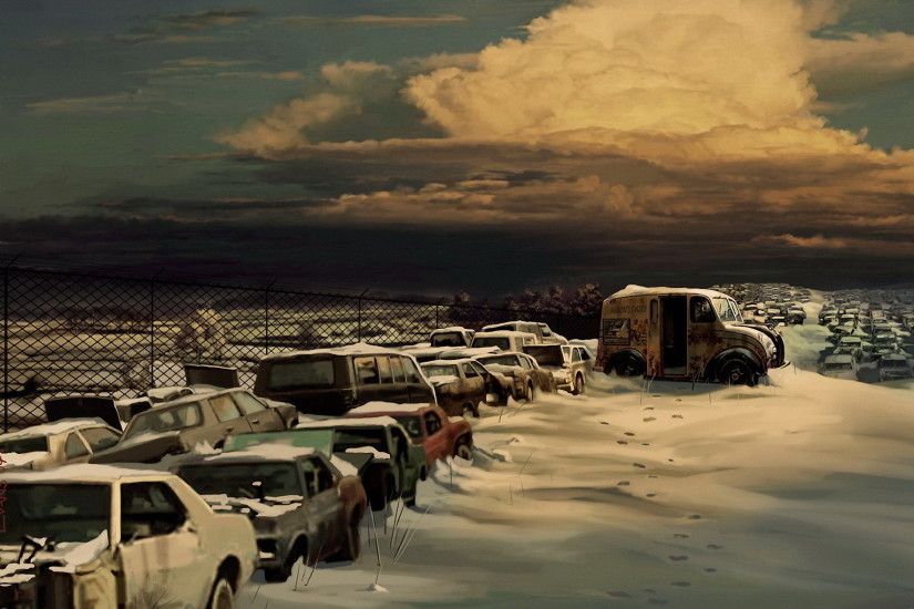 Sci Fi - Post Apocalyptic Winter Car Graveyard Wallpaper
