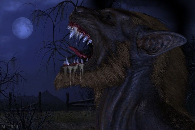 Dark horror fantasy art werewolf halloween fangs wallpaper .