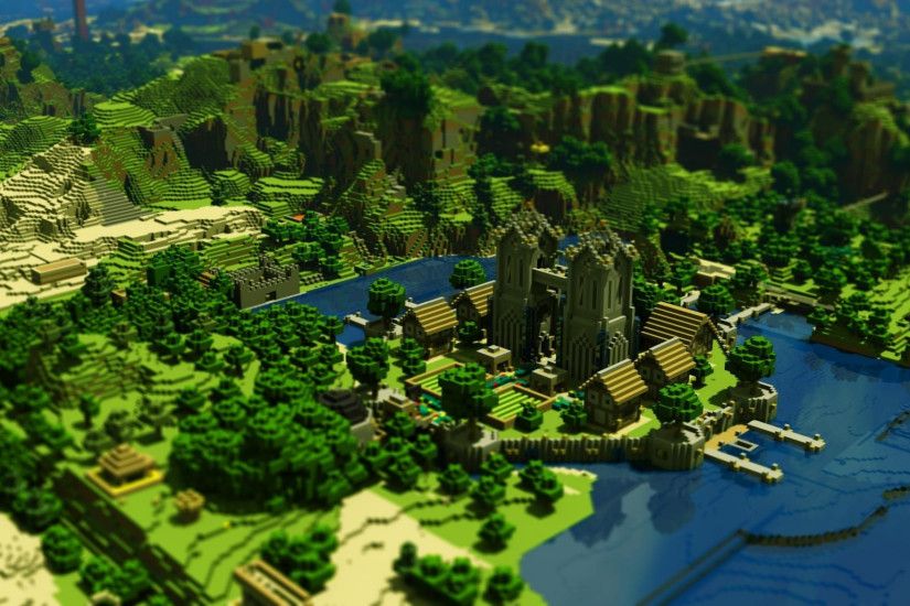 Preview wallpaper minecraft, trees, houses, mountains, water 2048x1152