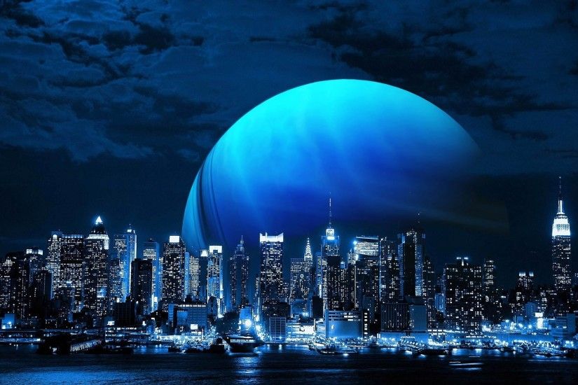 Blue Moon Above The City Wallpaper Download HD Background Images Windows  Mac Apple Colourful Cool 1920x1200