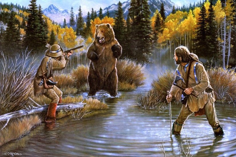 Artistic - American West Landscape Scenic Forest River Stream Fall Season  Bear Battle Western Adventure Animal