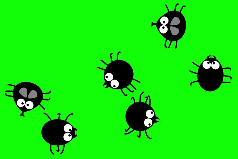 Funny black insects crawling on green screen, 2d animated cartoon, seamless