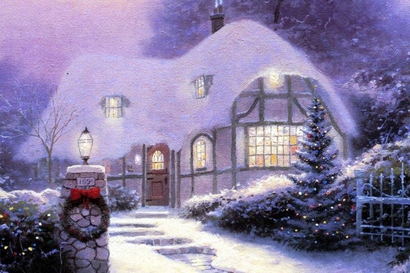 ... wallpaper 1920x1080 Christmas, Xmas, Winter, Cottage, Holidays Cottage,  Snow ... Thomas Kinkade ...