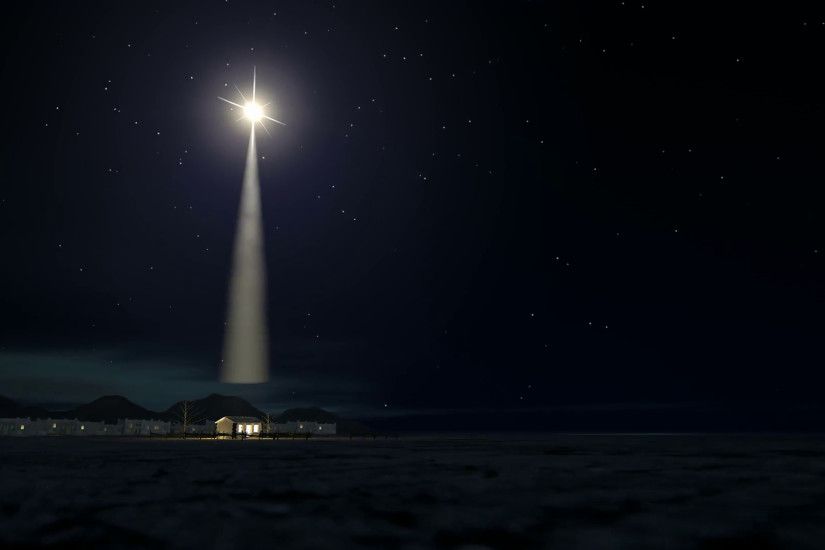 A slow zoom towards a depiction of the nativity scene of christs birth in  bethlehem with the isolated run down stable being lit by a bright star  Motion ...