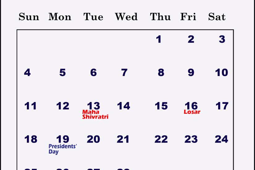 February 2018 Holidays Calendar for Free