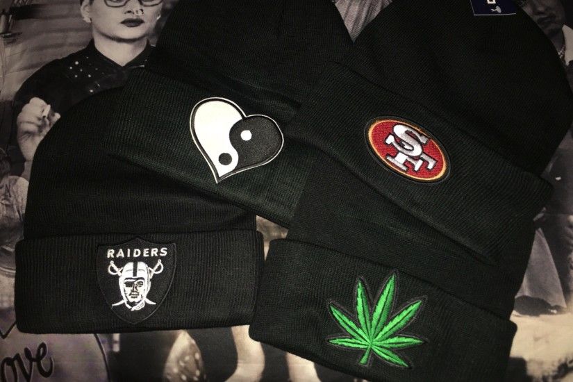 Oakland raiders beanie, Yin&Yang Heart beanie, San Francisco 49ers beanie,  Weed symbol beanie