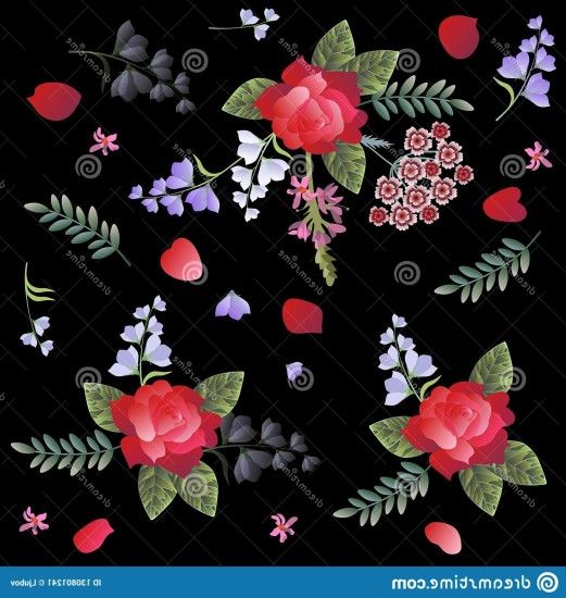 Carnation Vector Black: Spanish Floral Pattern Red Roses Carnation Sage  Bell Flowers Black Background Manton