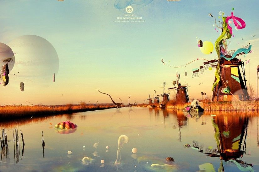 Desktopography, Surreal, Windmills, Water, Reflection, Giraffes, Planet Wallpaper  HD