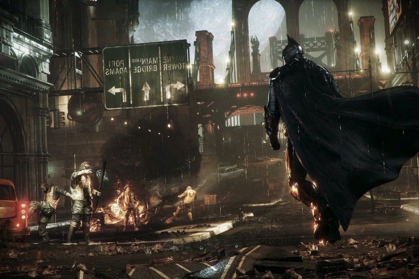 Batman, Gotham City, Batman: Arkham Knight, Fire, Street, Building, Smoke,  Taxi Wallpapers HD / Desktop and Mobile Backgrounds