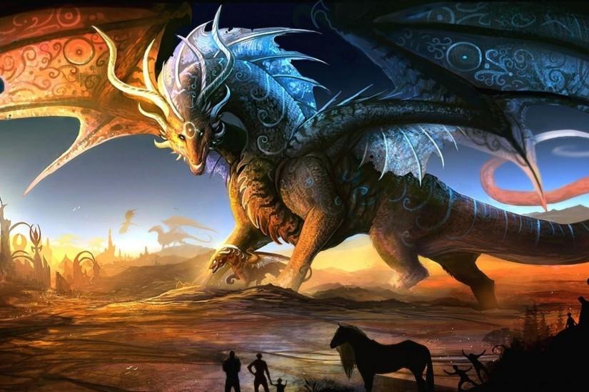 Preview wallpaper dragons, mother, cub, people, animals, sunset 1920x1080