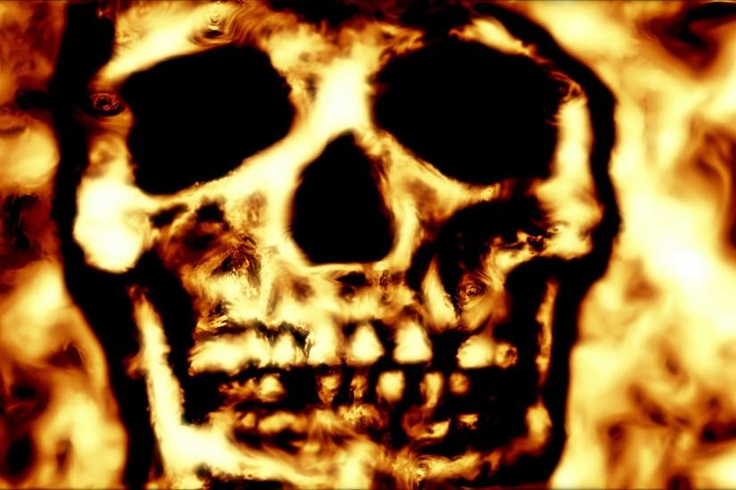 Skull close up in a fire like background UHD stock footage. A Skull in  close up set against a fiery background with dynamic distortions and  organic motion.