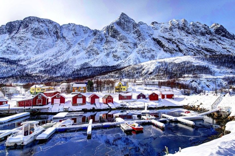 Preview wallpaper norway, mountains, buildings, bay, winter, snow 1920x1080