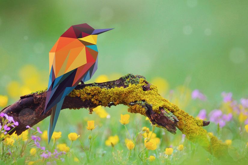 2D low poly bird on a branch ...