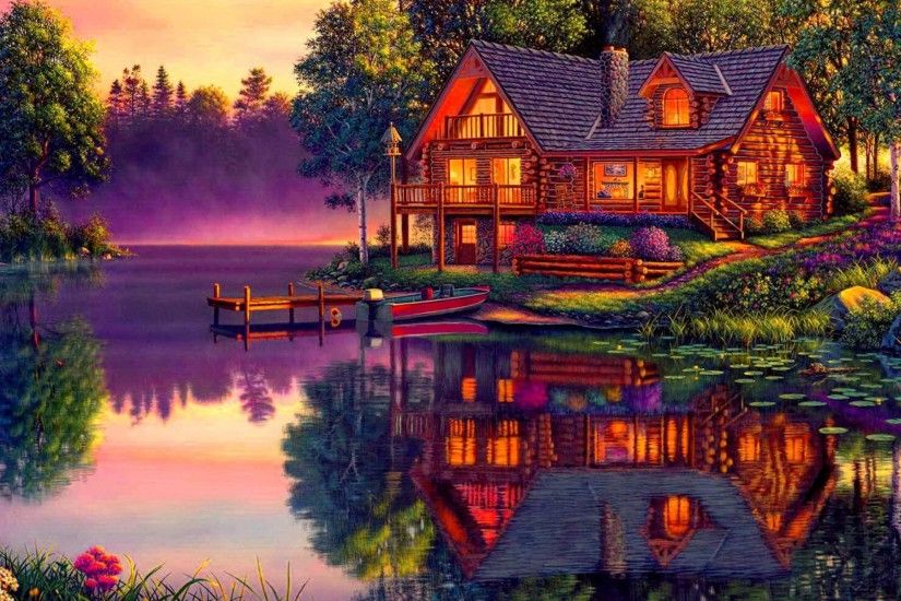 Artistic - House Artistic Landscape Lake Cabin Dusk Boat Tree Reflection  Wallpaper