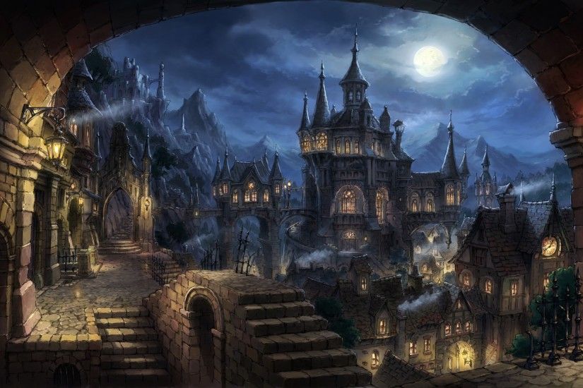 Anime 2481x1600 anime castle night city stones Moon sky mountains clouds  haze summer Gothic