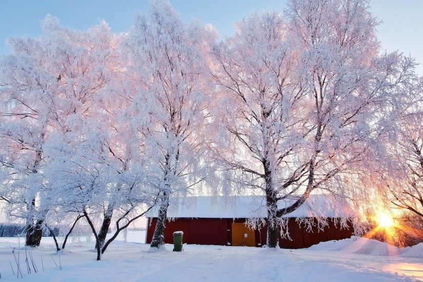 Winter Scene Snow Sunset Trees Sun Cabin Large Desktop Backgrounds Detail