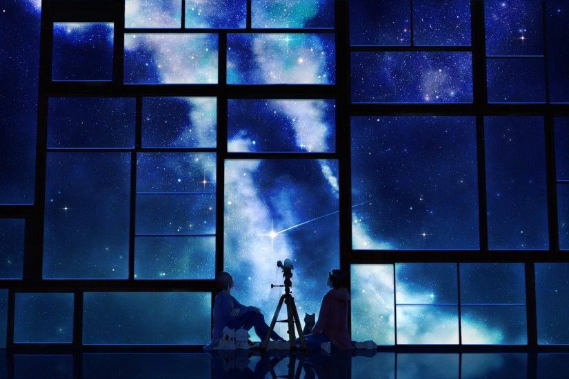 Preview wallpaper tamagosho, sky, stars, telescope, night, window 1920x1080