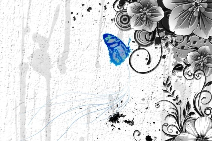 Light Blue Butterfly, Black and White Flower Wallpaper