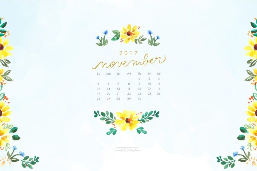 Pretty yellow blooms watercolor November 2017 calendar wallpaper for your  computer. 100% original art