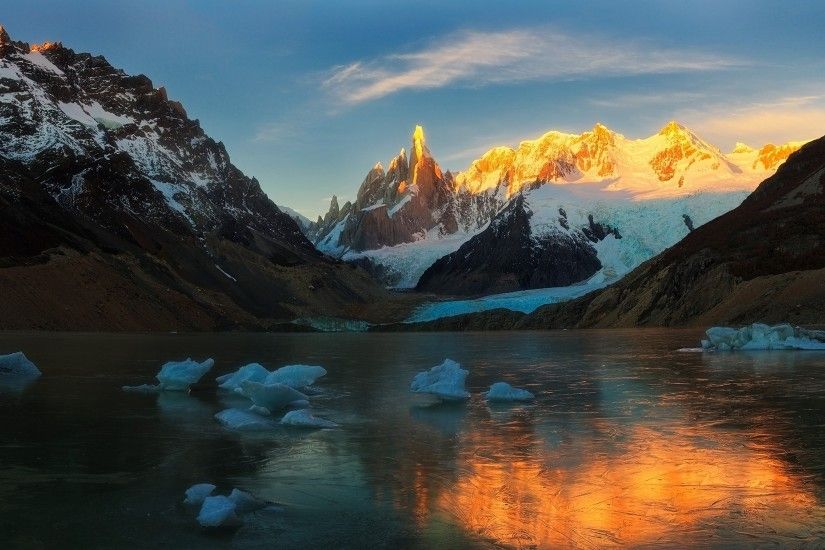 sunrise, Mountain, Lake, Glaciers, Snow, Frost, Ice, Nature, Landscape, Argentina  Wallpapers HD / Desktop and Mobile Backgrounds