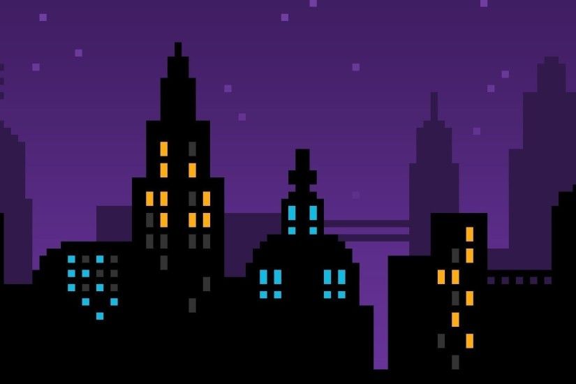 General 1920x1080 pixel art pixels purple skyline cityscape city blue  yellow black 8-bit vector